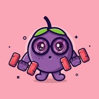 cute mangosteen fruit character mascot doing bodybuilding using dumbbell isolated cartoon in flat style design vector