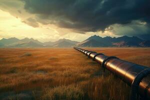 Oil pipeline running through a field towards a mountain in the distance. photo