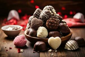 Dark, milk and white chocolate candies,truffles, assorted on wooden table. Dessert for Valentine's Day. photo