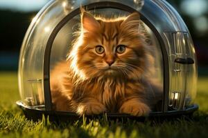 Cat sitting in carrier on grass. photo