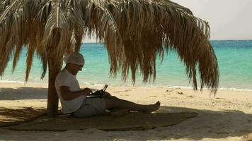 Man using laptop on the beach video