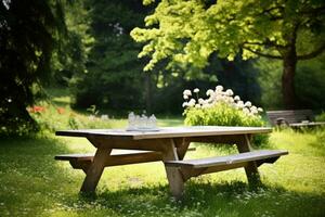 Picnic table in the garden photo