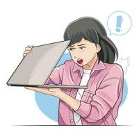 little kid, school girl. Annoyed kid girl look furtively at the half-closed laptop screen vector illustration pro download