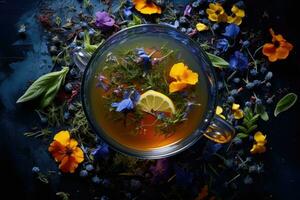 Tea with herbs and flowers in a cup top view. photo