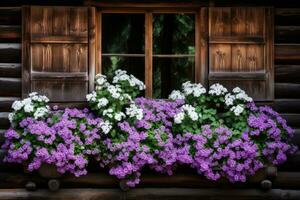 White and violet flowers covering window of wooden house photo