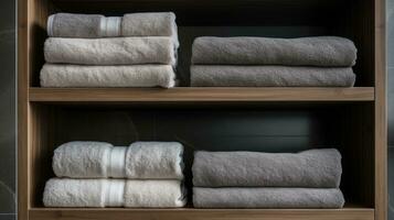 Shelf with towels at hotel spa. photo