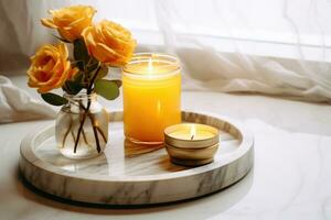 Burning scented candle in a glass jar. photo