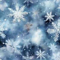 Snowflakes on blue in watercolor style seamless pattern, created with generative AI photo