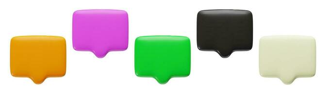 3d blank Speech Bubbles set. Three dimensional orange, purple, green, black and white chat boxes with copy space for text. Vector objects isolated on white background.