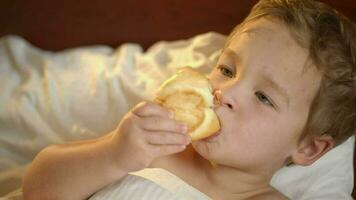 Cute kid with a bun in bed video