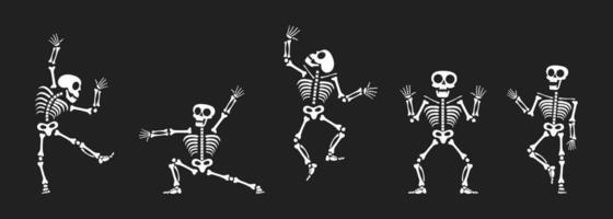 Skeletons dancing with different positions flat style design vector illustration set.