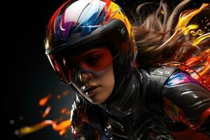 Woman riding on motorcycle at night with motion blur effect in the background. Generative AI photo