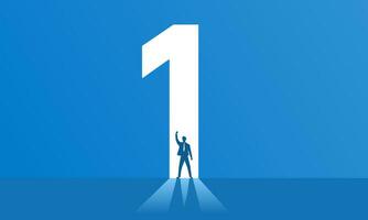 Successful businessman standing in front of an open door in the shape of number one. Vector illustration.