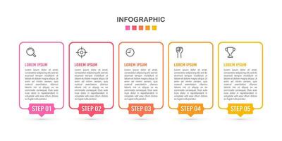 5-step thin line frame infographic design templates. Business workflow project. Vector illustration.