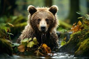 marrón oso pescar en un río. generativo ai foto