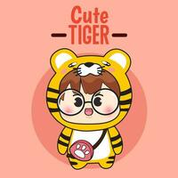 cute boy cartoon with a tiger costume using bag free Vector