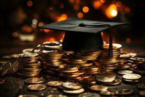 Graduation hat on coins - education or scholarship savings concept AI Generated photo