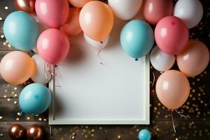 Birthday mockup with frame, pastel balloons and confetti on pink table top view Flat lay style AI Generated photo