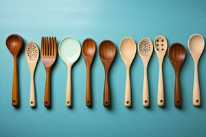 Various kitchen baking utensils Flat lay Top view, mockup for recipe on blue background AI Generated photo