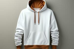 Realistic white hoodie, blank template, 3D rendering, for design presentation AI Generated photo