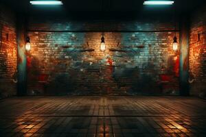 Industrial ambiance, Brick walls, concrete floor, neon light, spotlight, smoke AI Generated photo