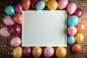 Top view birthday mockup, frame, pastel balloons, confetti, flat lay AI Generated photo