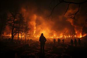 Watching forest fire at night, silhouetted crowd AI Generated photo