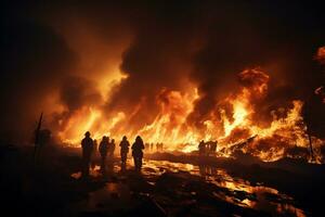 Firefighters in action, facing towering flames AI Generated photo