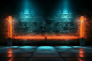 Industrial neon glow, Empty room with brick walls, concrete, smoke AI Generated photo