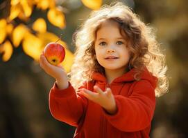 pequeño niña con rojo manzanas foto