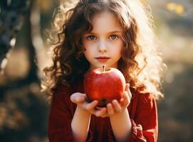 pequeño niña con rojo manzanas foto