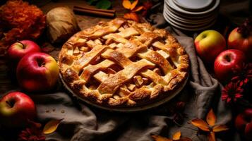 Autumn background with apple pie photo