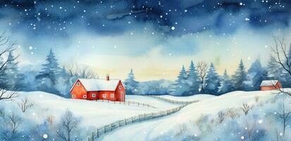 A watercolor illustration of a red farm house and pine trees photo