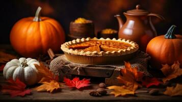 Autumn background with pumpkin pie photo