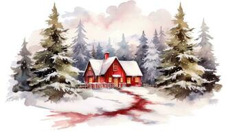 A watercolor illustration of a red farm house and pine trees photo