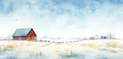 A watercolor illustration of a red farm house and pine trees photo