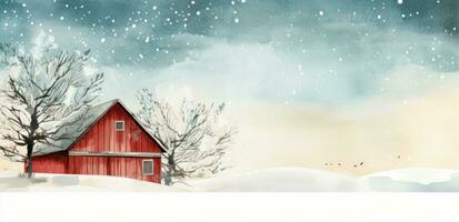 A watercolor illustration of a red farm house and pine trees photo