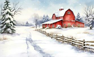 A watercolor illustration of a red farm house and pine trees photo