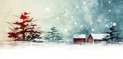 A watercolor illustration of a red farm house and pine trees photo