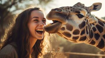 Happy young woman feeds giraffe photo