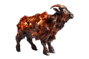 Wild rocky goat in stones on a transparent background of gems, png isolate. AI generated.