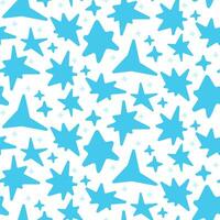 Seamless pattern in the form of blue stars of various shapes with rounded edges. Bright sparks, flashes, similar to fireworks on a white background, glow. Flickering glare glow light effect bright vector