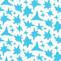 Seamless pattern in the form of blue stars of various shapes with rounded edges. Bright sparks, flashes, similar to fireworks on a white background, glow. Flickering glare glow light effect bright vector