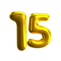 Number 15 3D render with gold material png