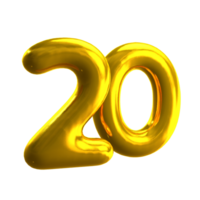 Number 20 3D render with gold material png