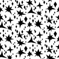 Seamless pattern in the form of black stars of various shapes. Bright sparks and outlines of flashes, similar to fireworks on a white background, glow. Flickering glare glow light effect bright flash vector