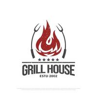 Grill house barbecue  logo design with grunge style, retro BBQ vector, barbeque bar and restaurant icon, Red fire icon vector illustration