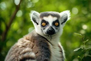 Portrait of a lemur against the background of green nature. Generative AI photo