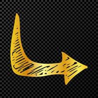 Gold hand drawn arrow. Sketch of gold doodle arrow isolated on dark background. Vector illustration.