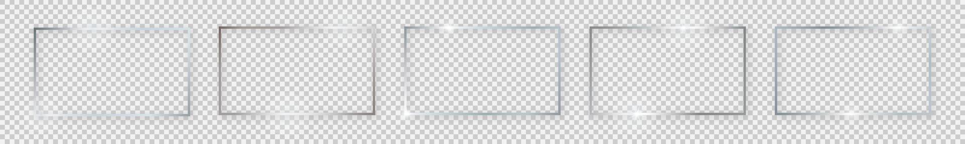 Set of five silver shiny rectangular frames with glowing effects and shadows on background. Vector illustration